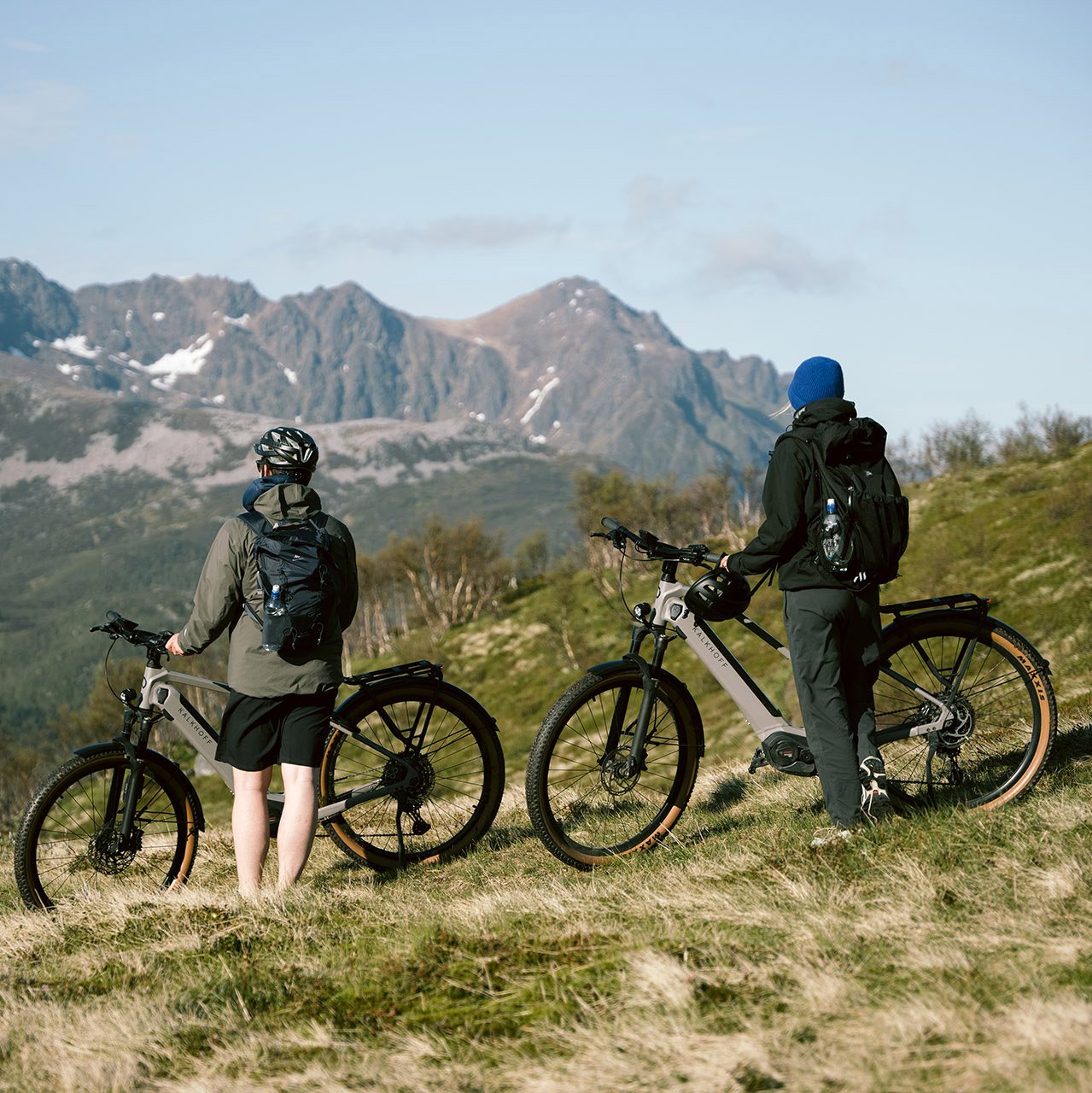 Zwei Personen mit E-Bikes stehen auf einem grasbewachsenen Hügel und blicken bei klarem Himmel auf die Berge.