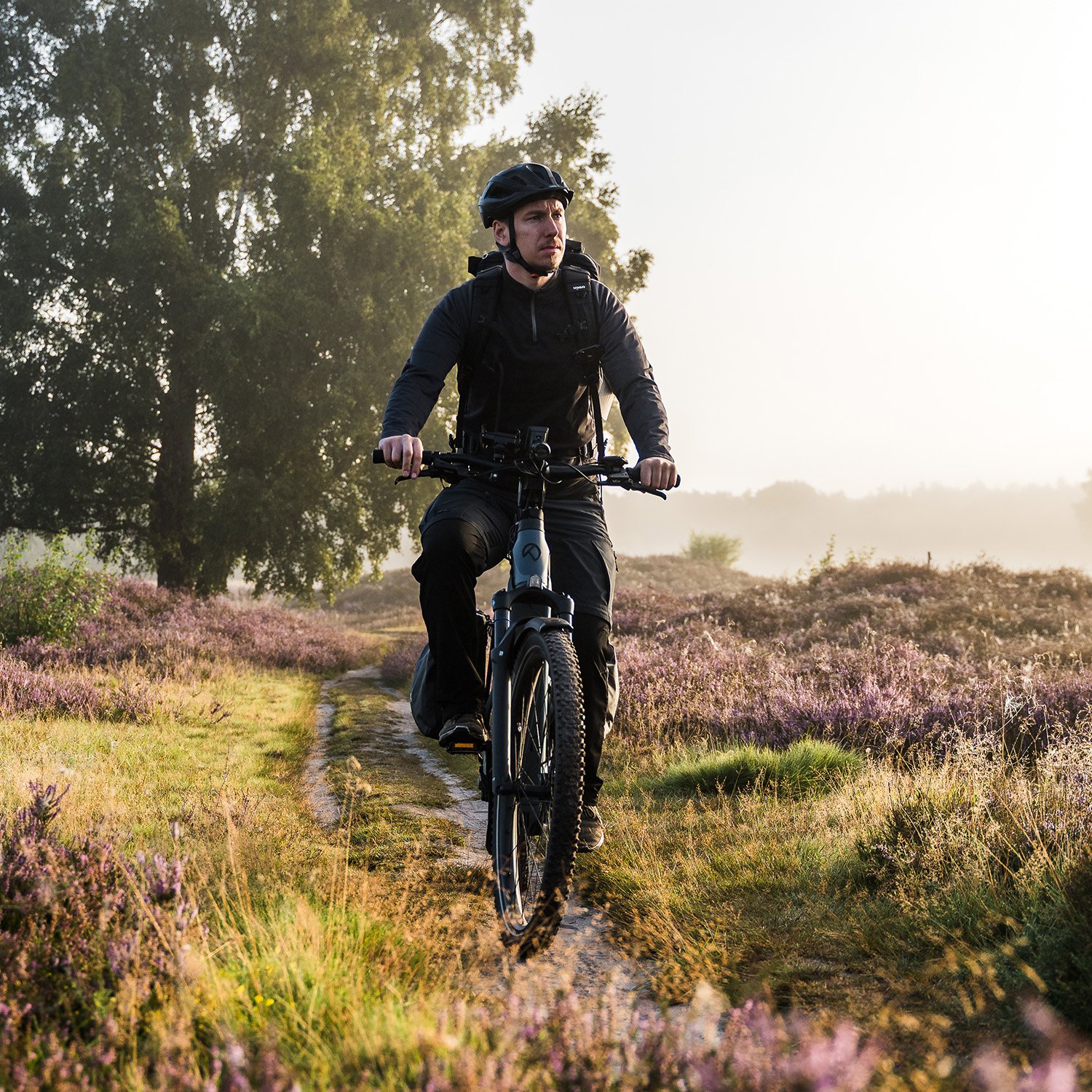 A cyclist in black gear rides on a narrow dirt path through a scenic landscape with purple heather and trees, under a misty sky.