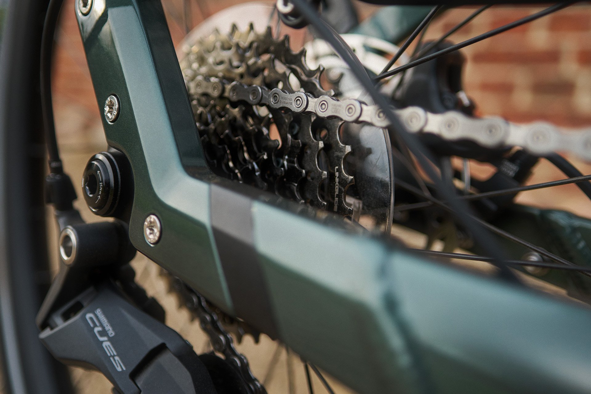 Die Kettenschaltung ist vor allem für sportlichere E-Bikes die erste Wahl. Close-up of a bicycle's rear gear system, showing the chain, cogs, and part of the frame in focus, with a blurred brick wall background.