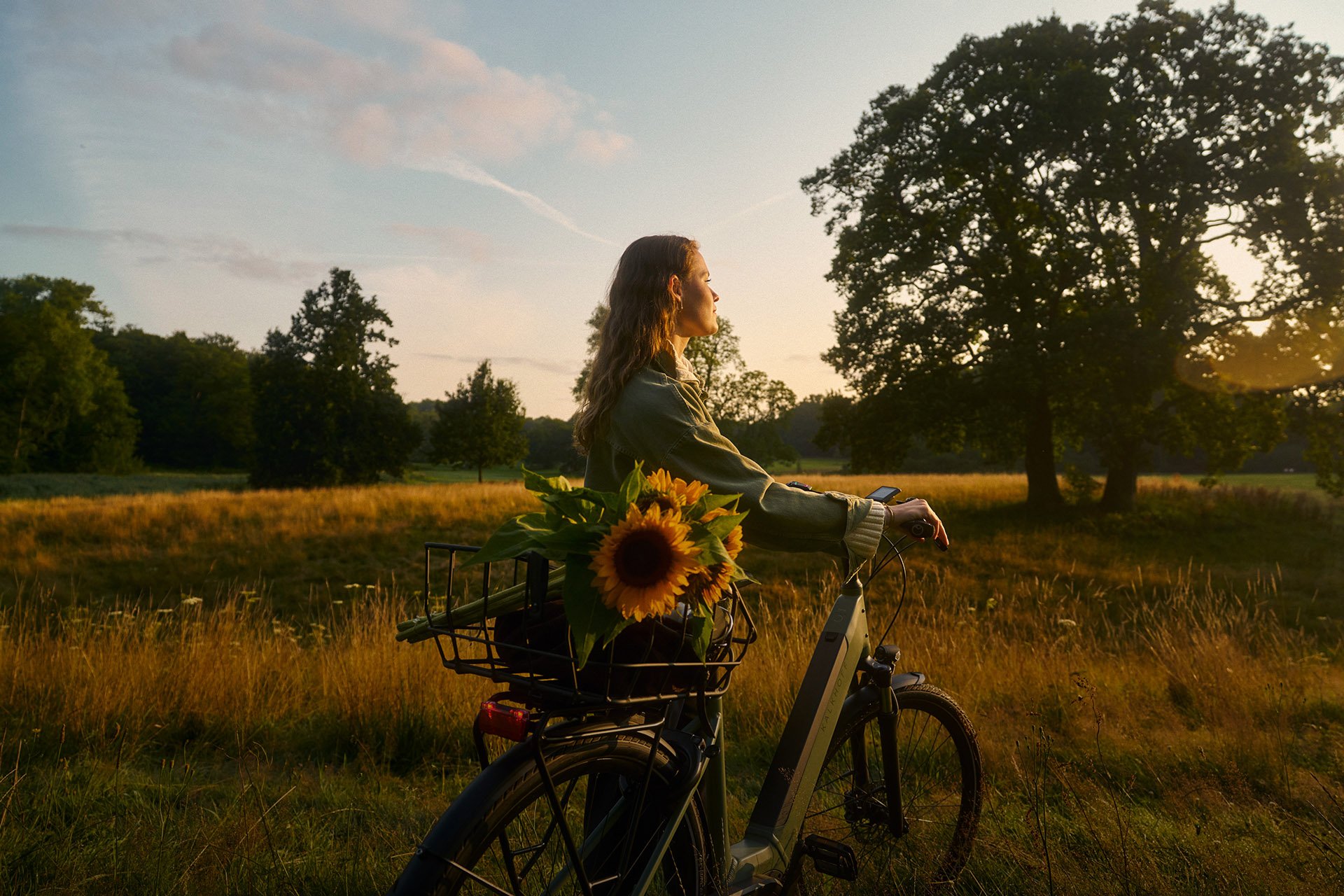 Eine Person steht neben einem Fahrrad mit Sonnenblumen im Korb und blickt auf einen Sonnenuntergang