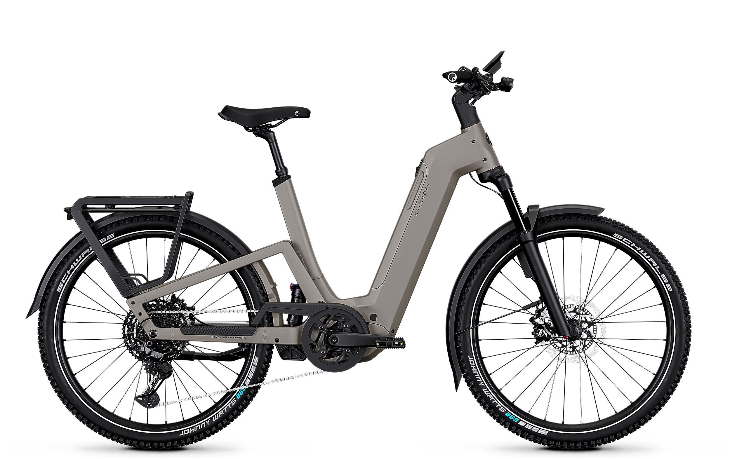 Seitenansicht des Kalkhoff E-Bkies Entice 7+ Excite ABS in Grau.